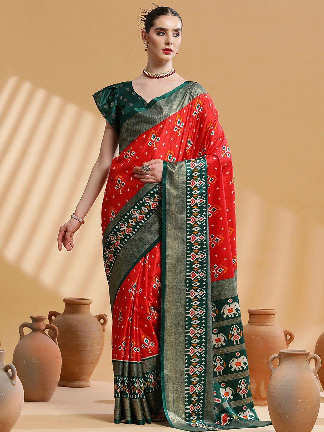 saree mall red ethnic motifs silk blend designer ikat sarees