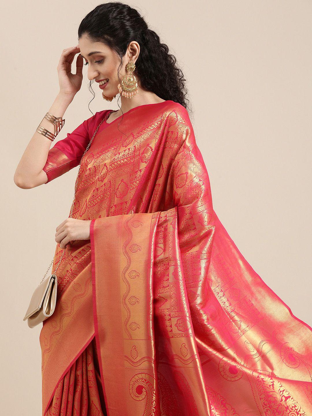 saree mall red ethnic motifs zari silk blend banarasi sarees