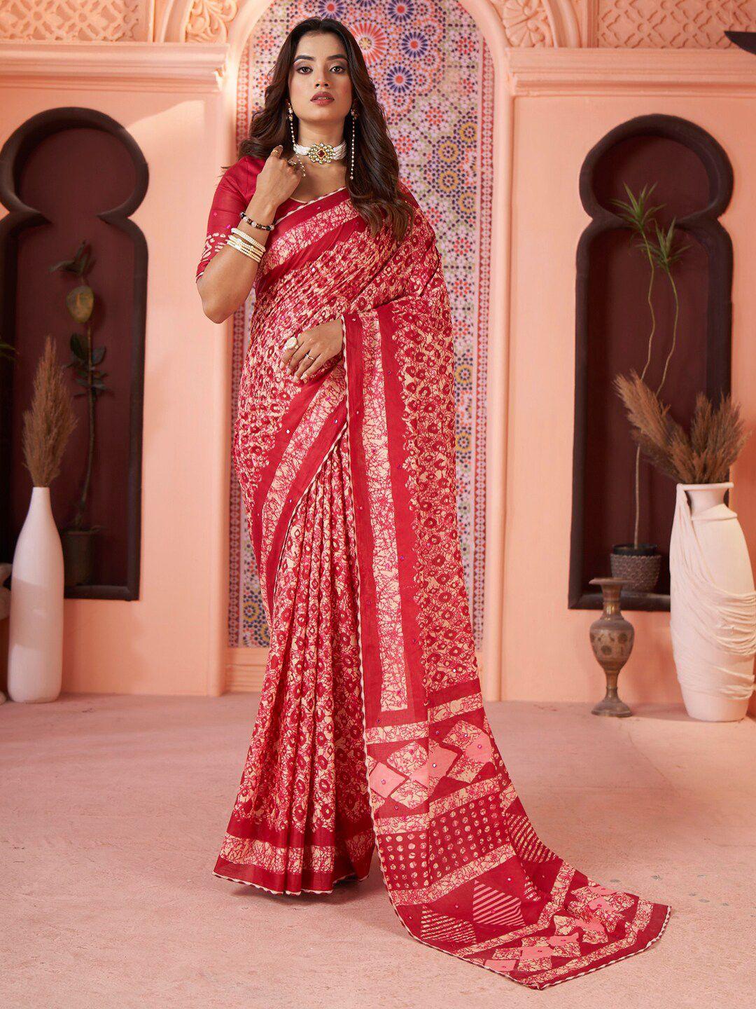 saree mall red mirror work pure cotton designer block print sarees