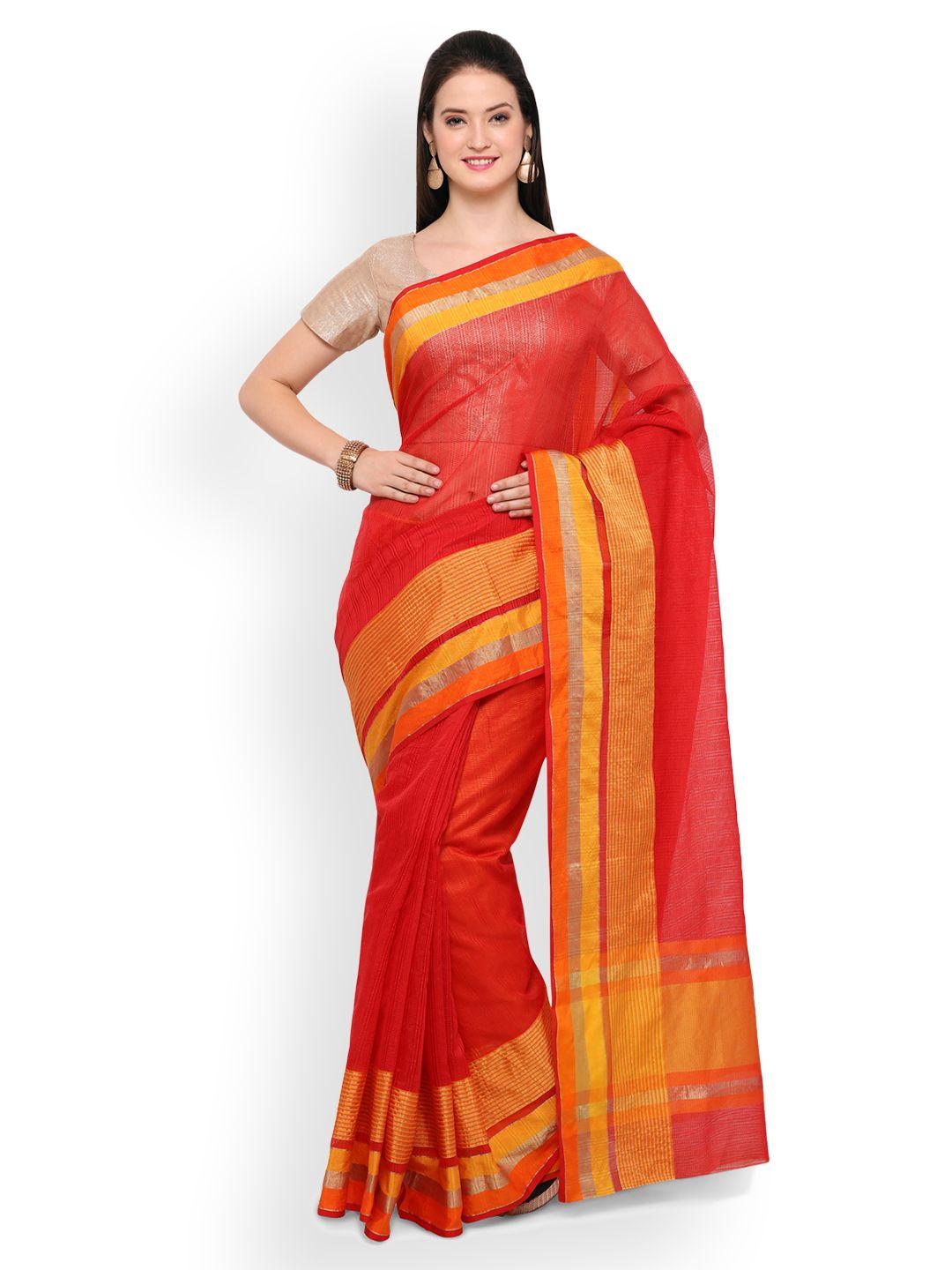 saree mall red silk blend striped chanderi saree