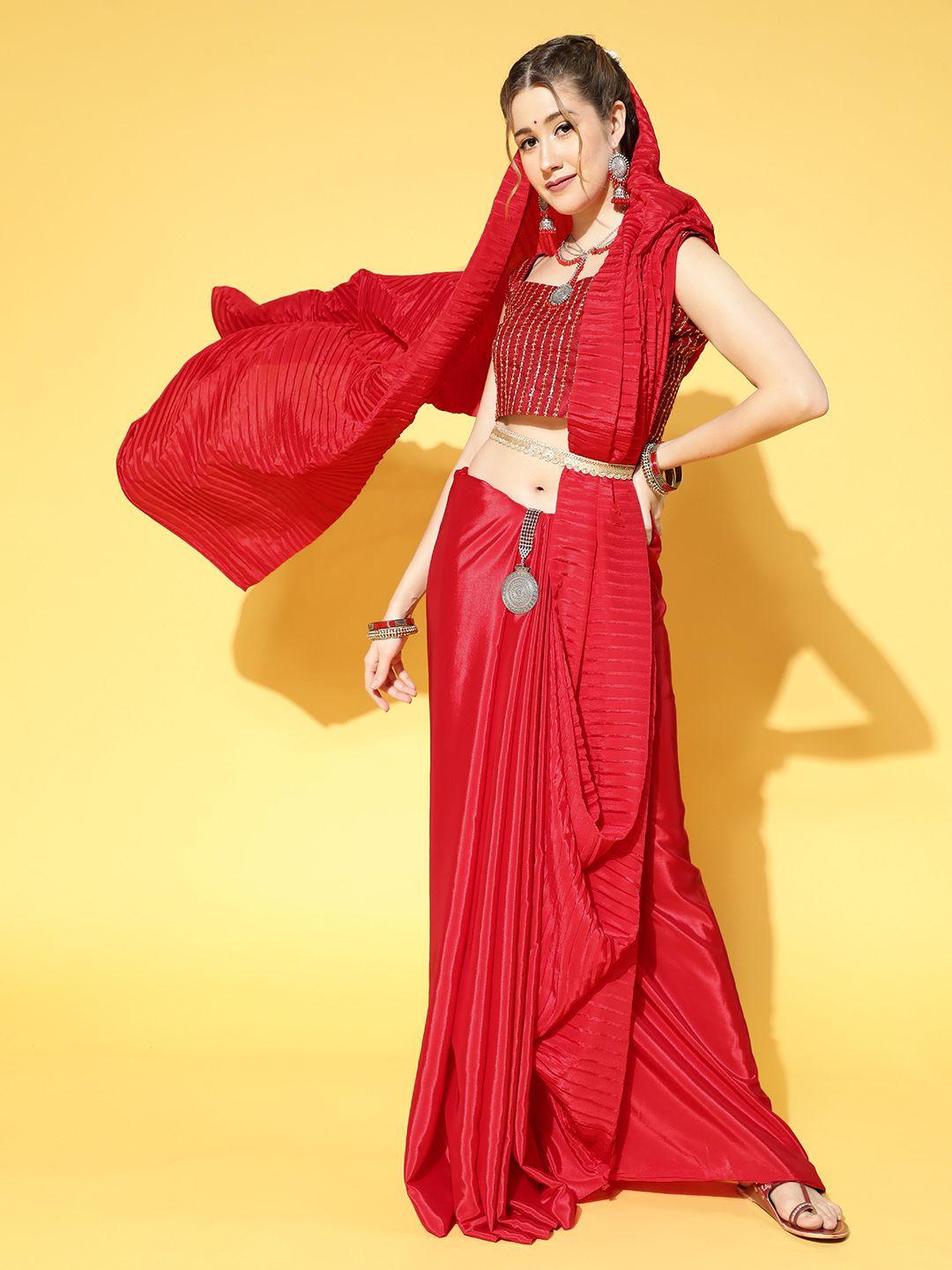 saree mall red solid party satin saree with matching blouse