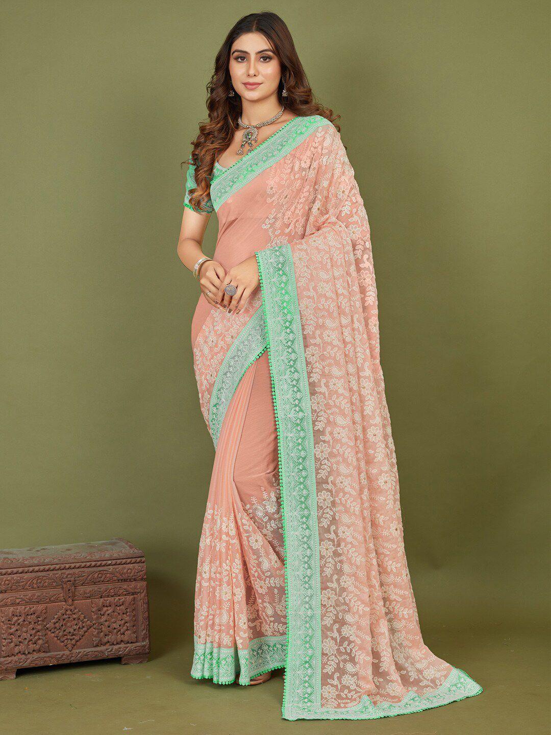 saree mall rose gold & green floral embroidered pure chiffon sarees