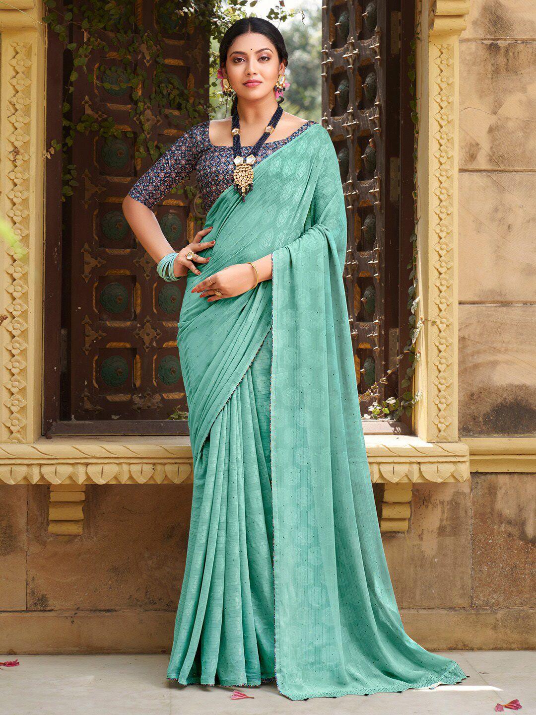 saree mall sea green & blue embellished beads and stones pure georgette sarees
