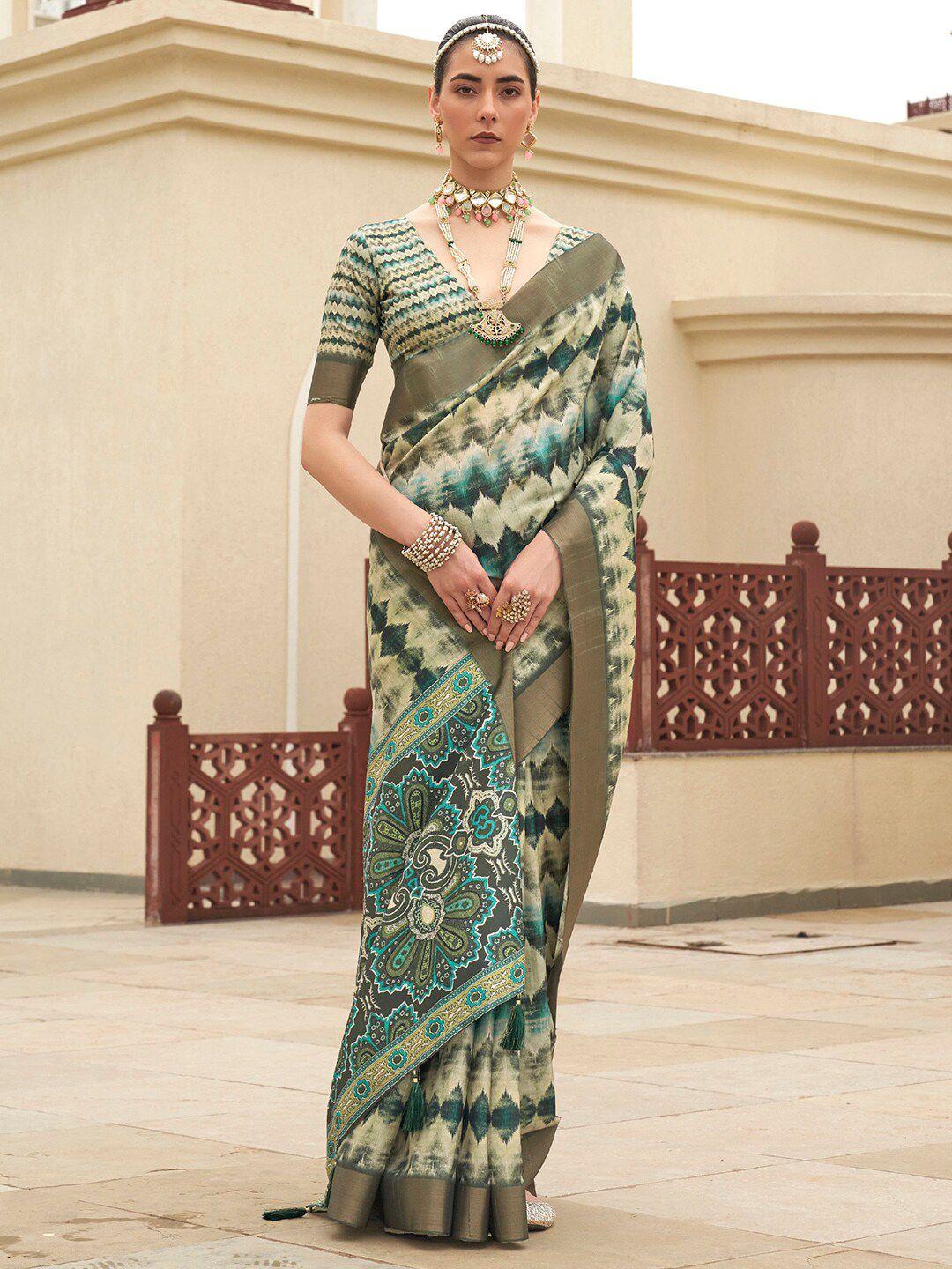 saree mall sea green & cream-coloured zari silk blend sungudi sarees