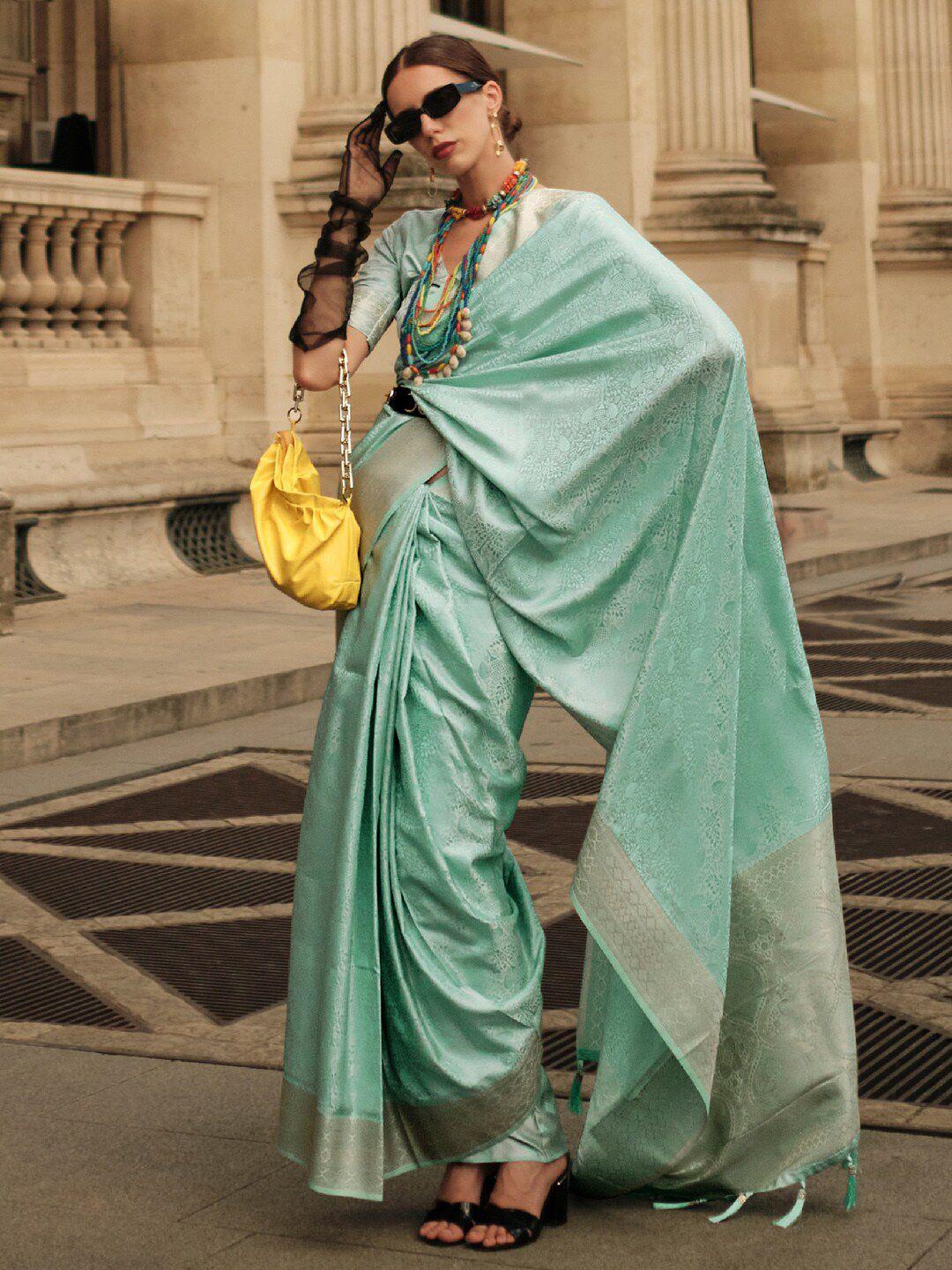 saree mall sea green & gold-toned woven design zari satin banarasi sarees