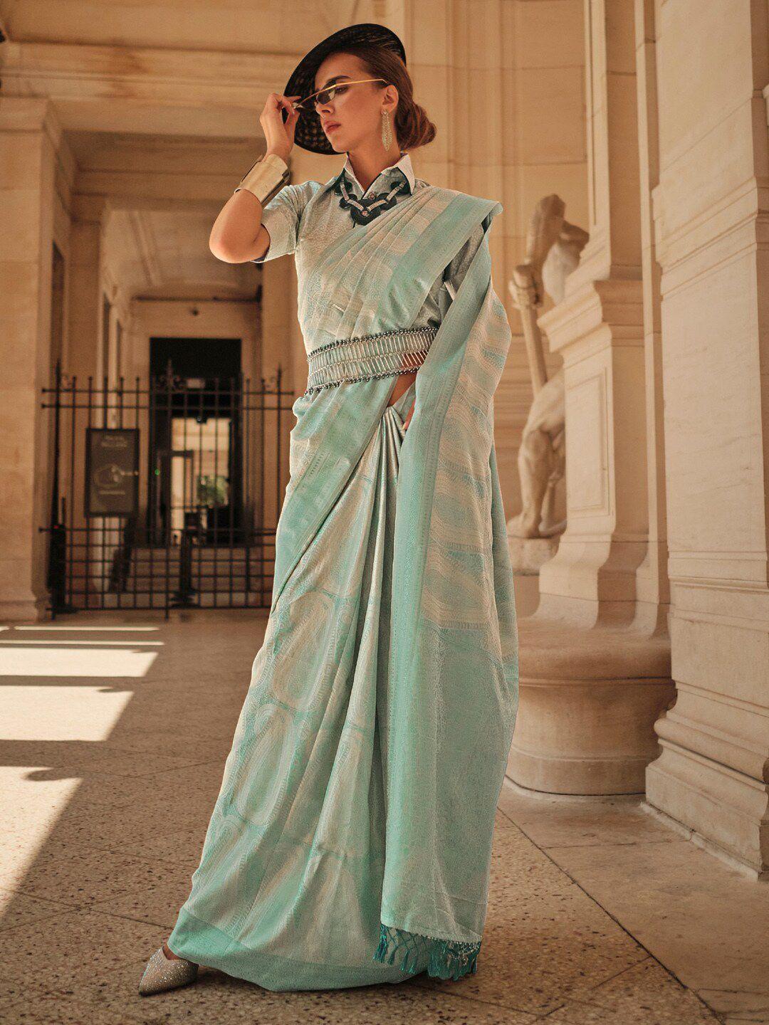 saree mall sea green & gold-toned woven design zari satin designer banarasi sarees