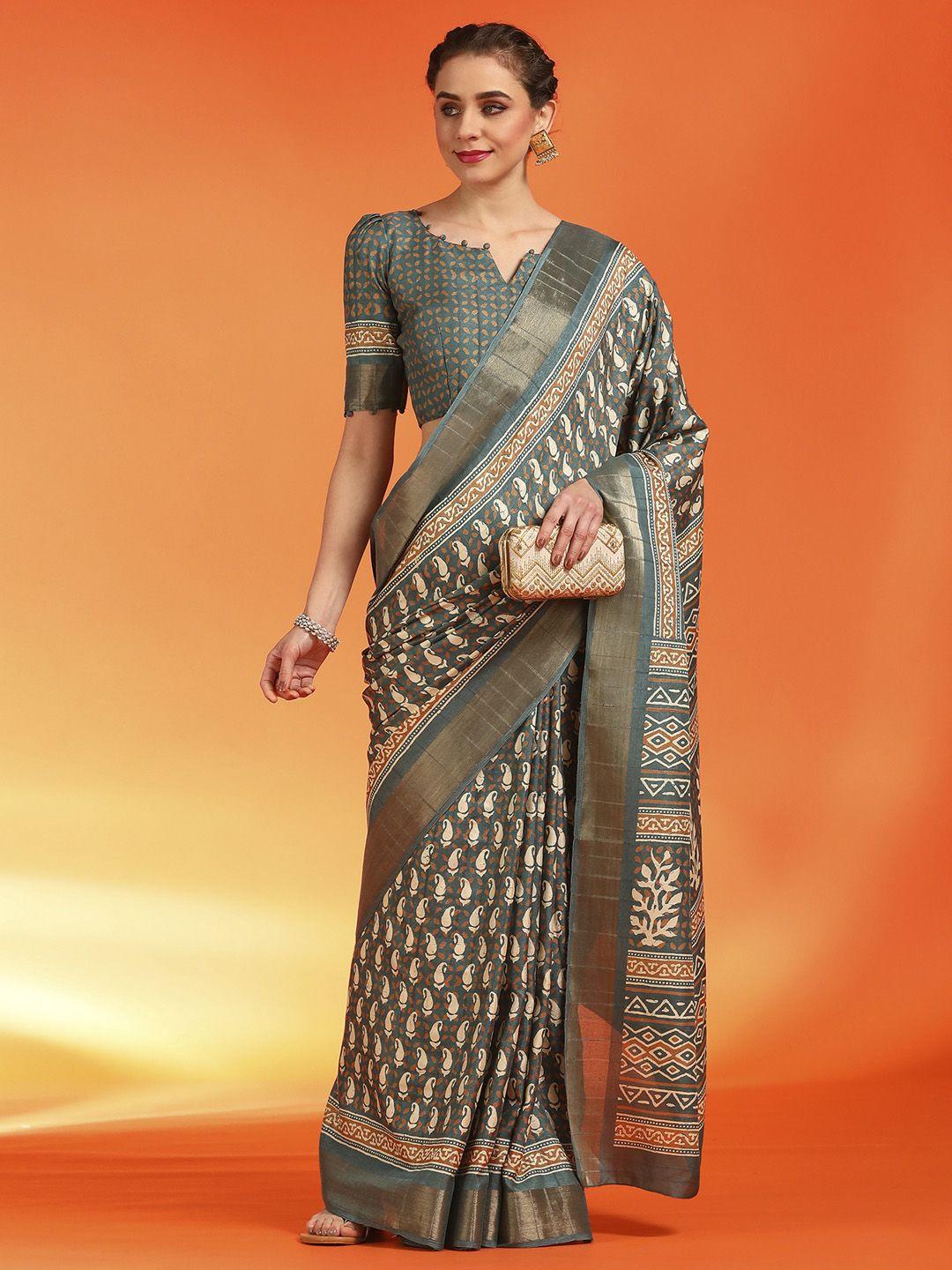 saree mall sea green & mustard ethnic motifs zari silk blend dabu sarees