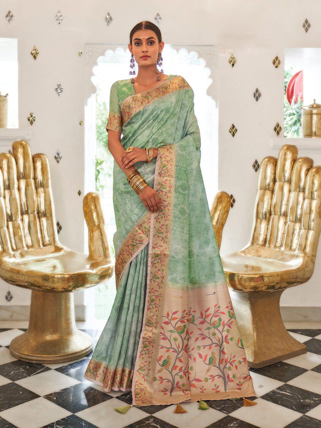 saree mall sea green & pink floral printed zari sungudi sarees