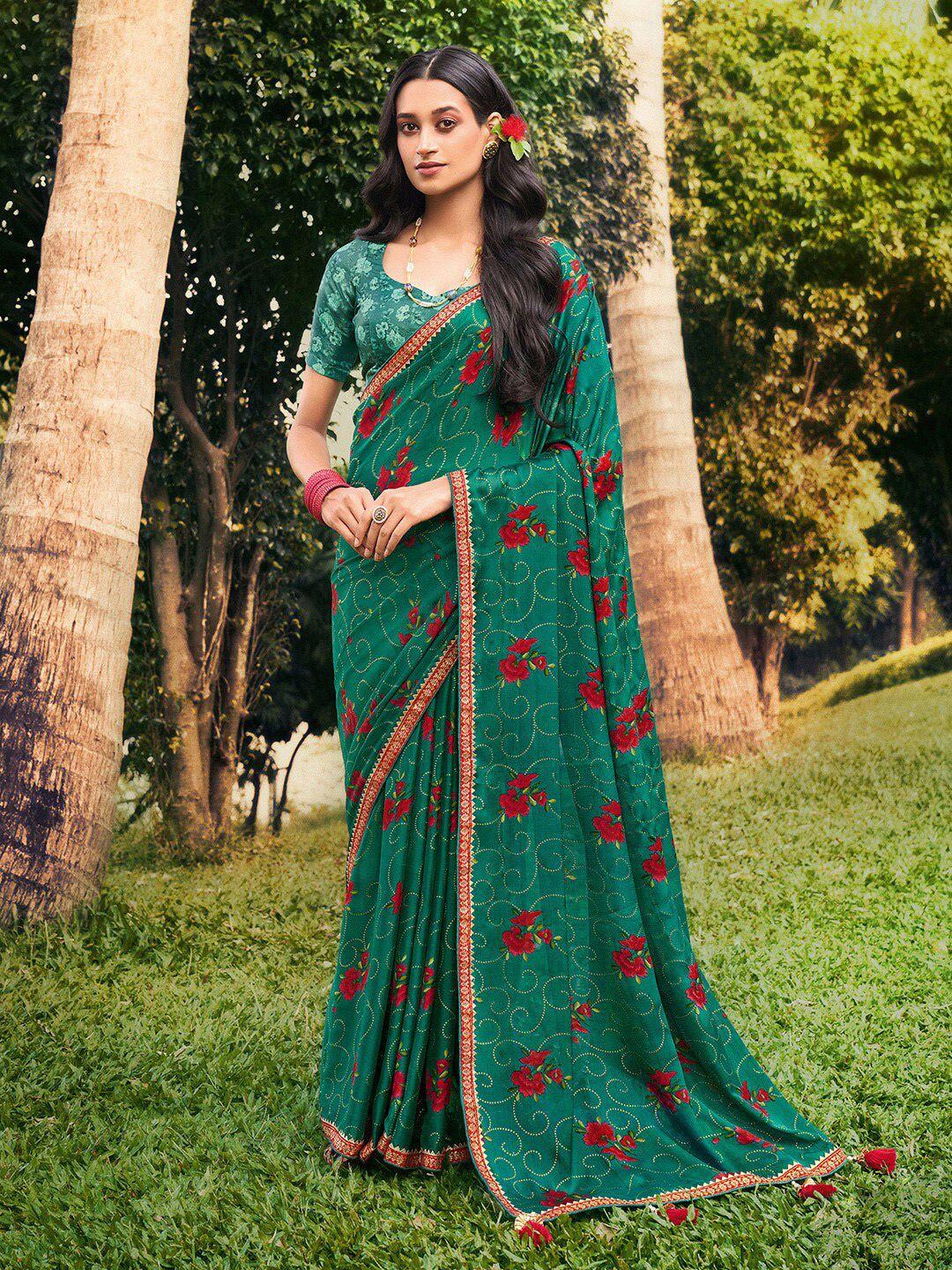 saree mall sea green & red floral pure chiffon sarees
