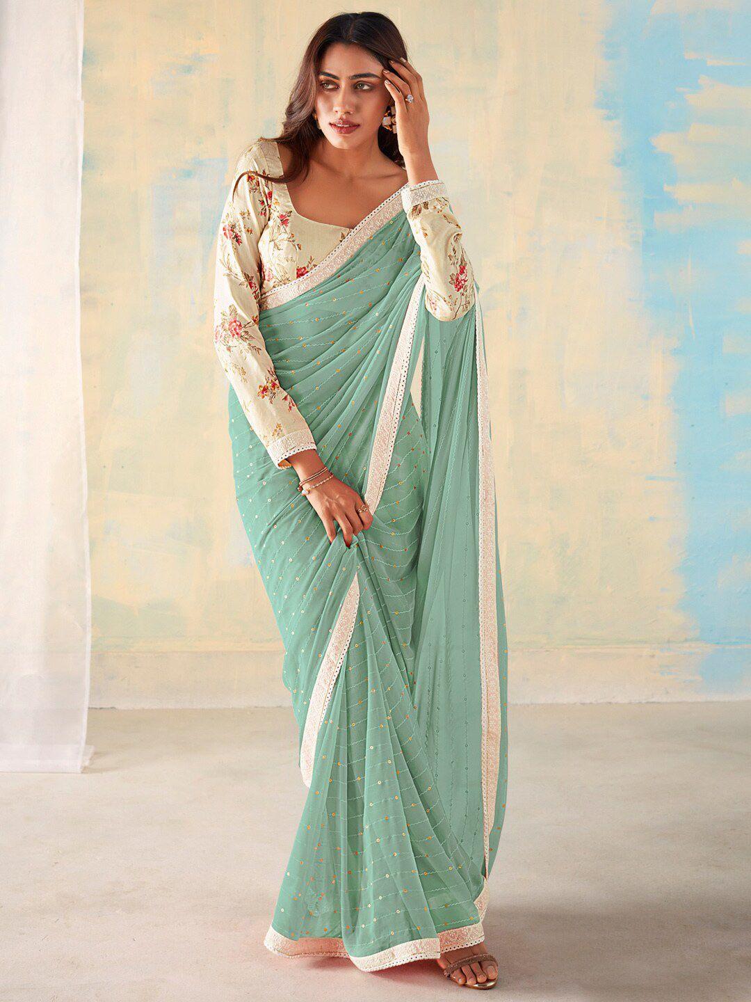 saree mall sea green & white embellished sequinned pure georgette sarees