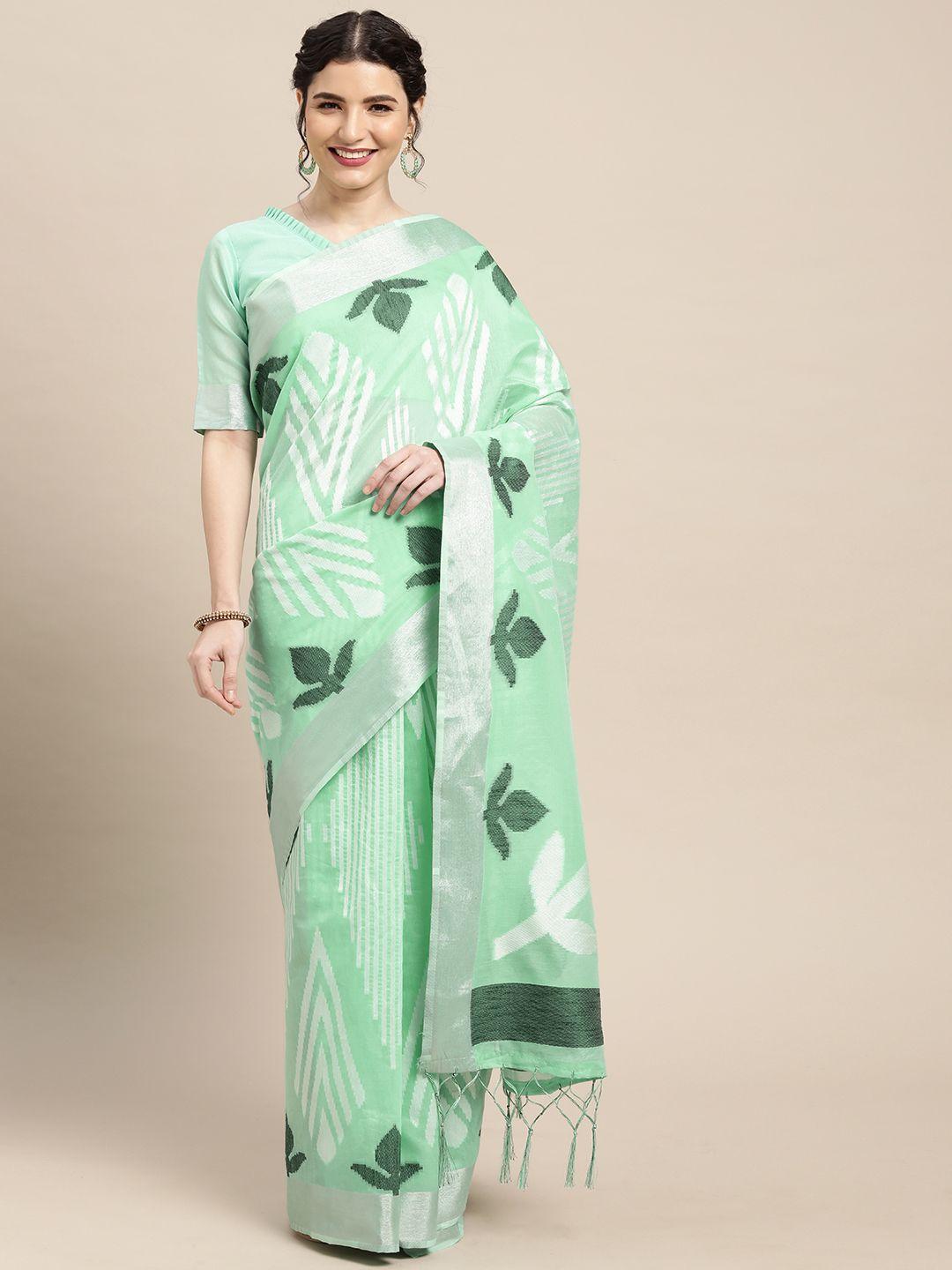 saree mall sea green & white geometric woven design uppada saree