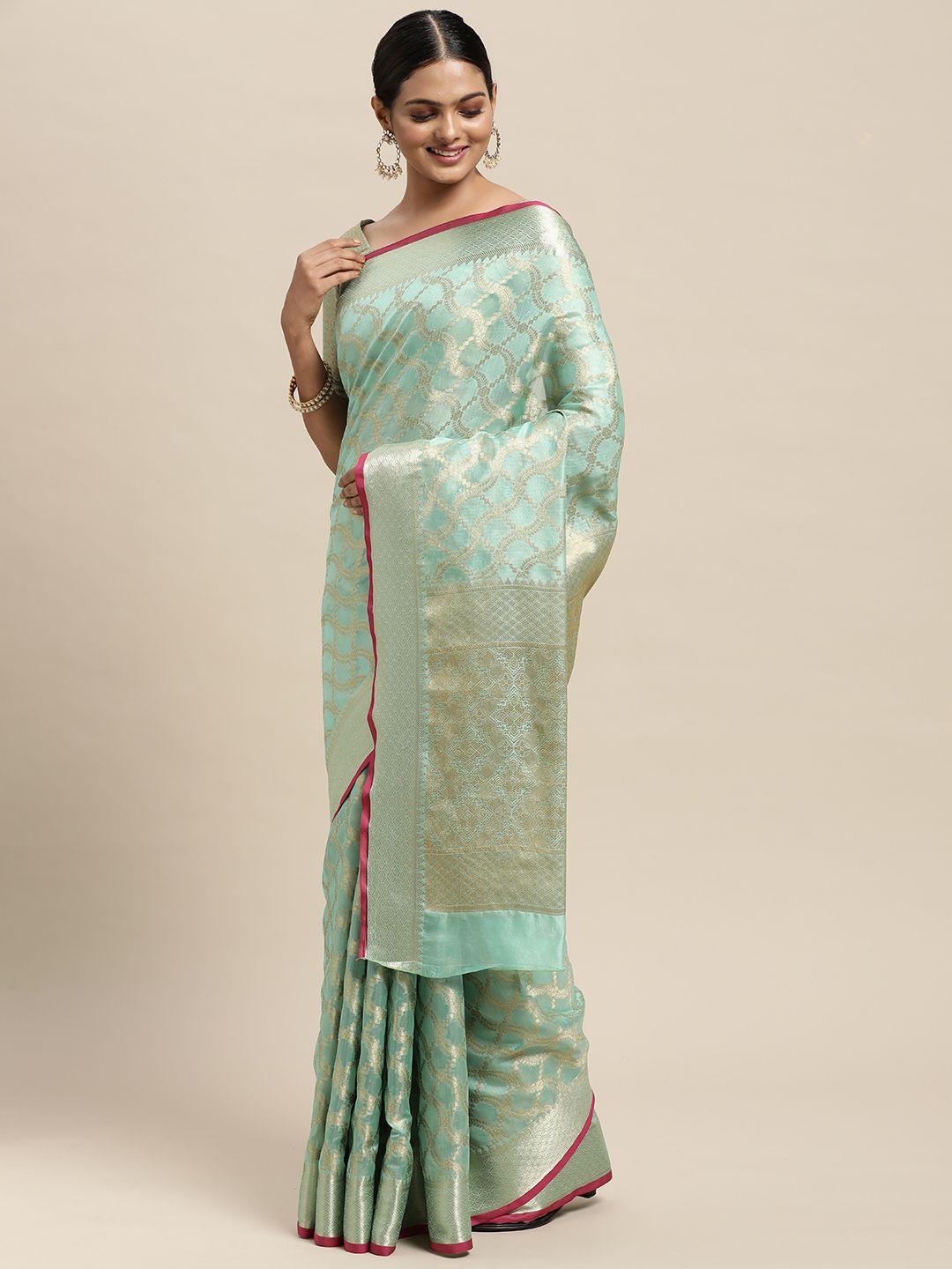 saree mall sea green silk blend banarasi saree