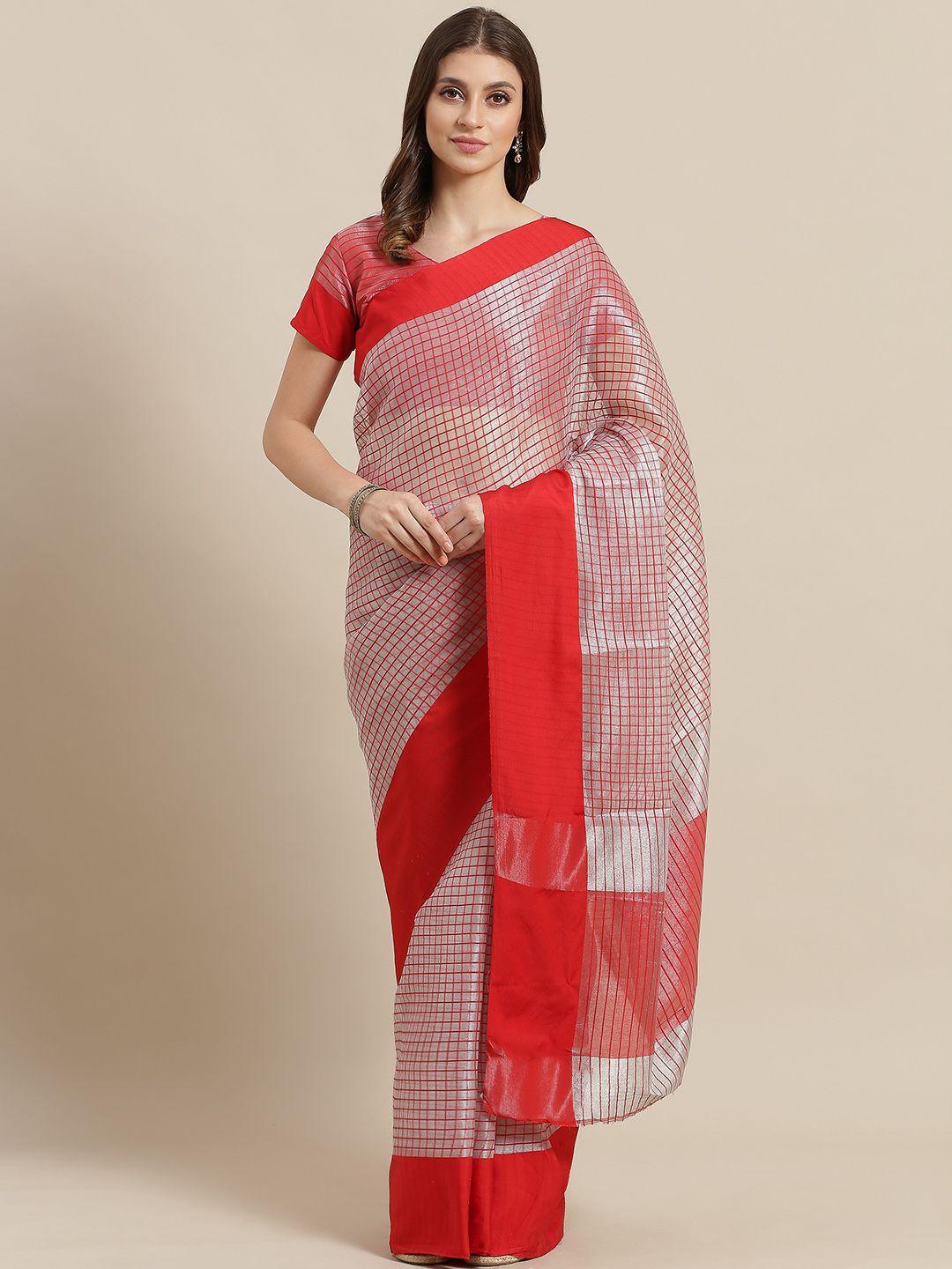 saree mall silver & red zari checked saree