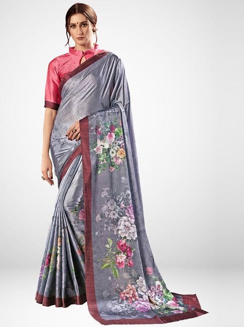 saree mall steel grey floral print saree with unstitched blouse