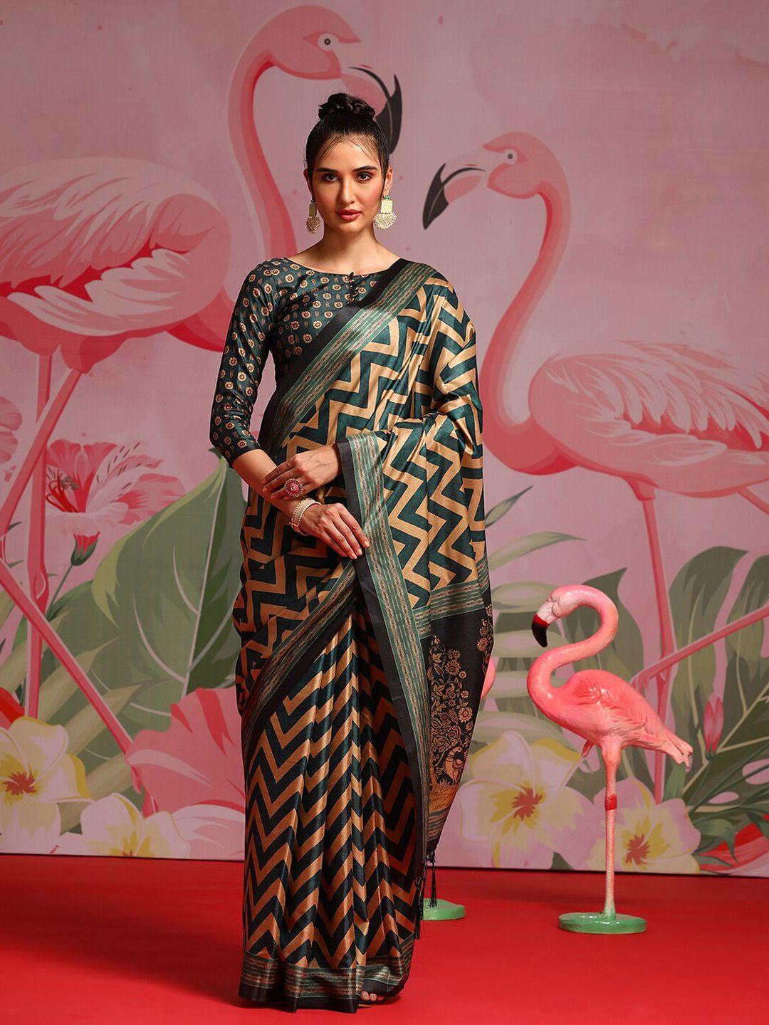 saree mall teal & beige geometric printed sarees