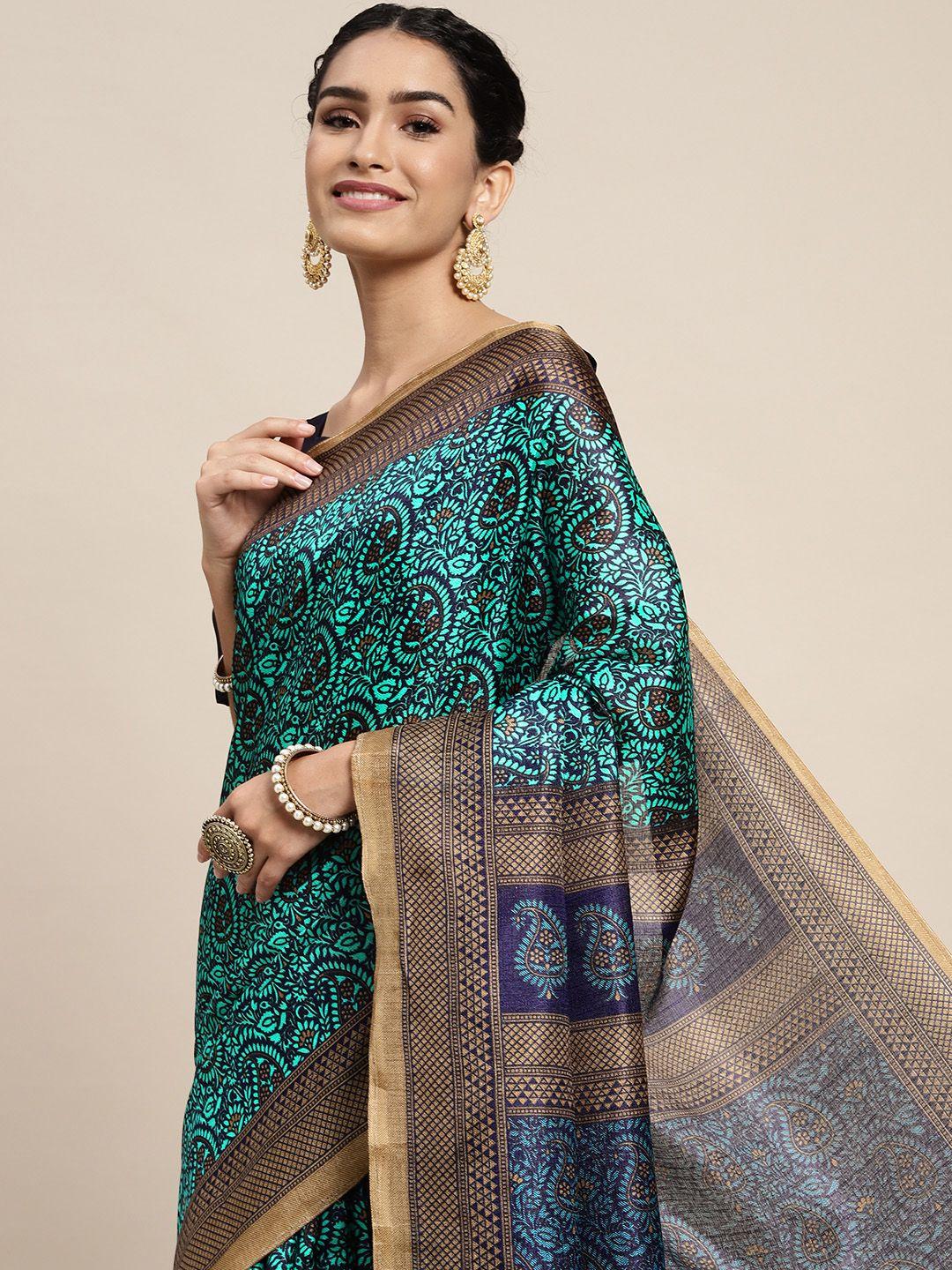 saree mall teal & brown ethnic motifs block print sarees