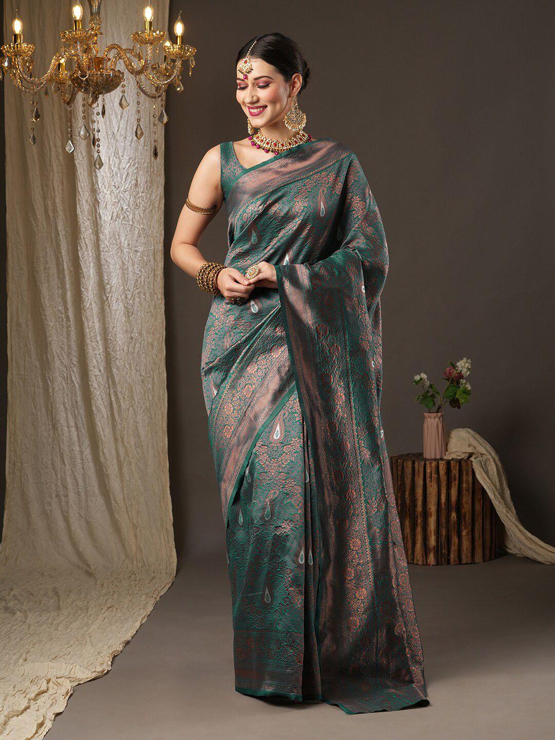 saree mall teal & gold-toned woven design zari silk blend dharmavaram sarees