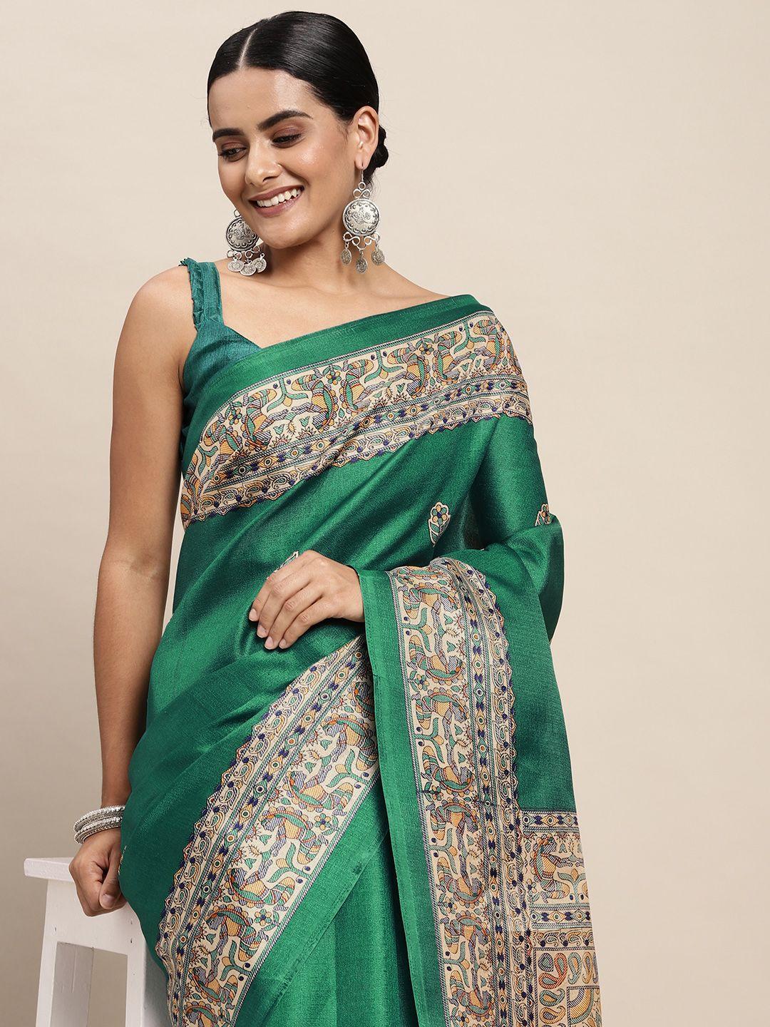 saree mall teal & grey ethnic motifs print silk blend saree