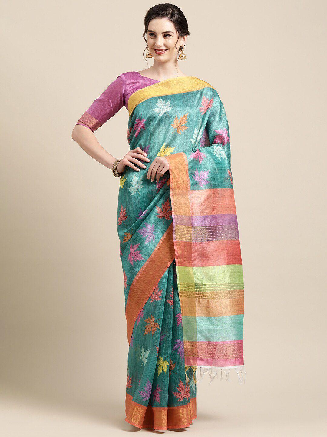 saree mall teal & orange floral silk cotton sarees