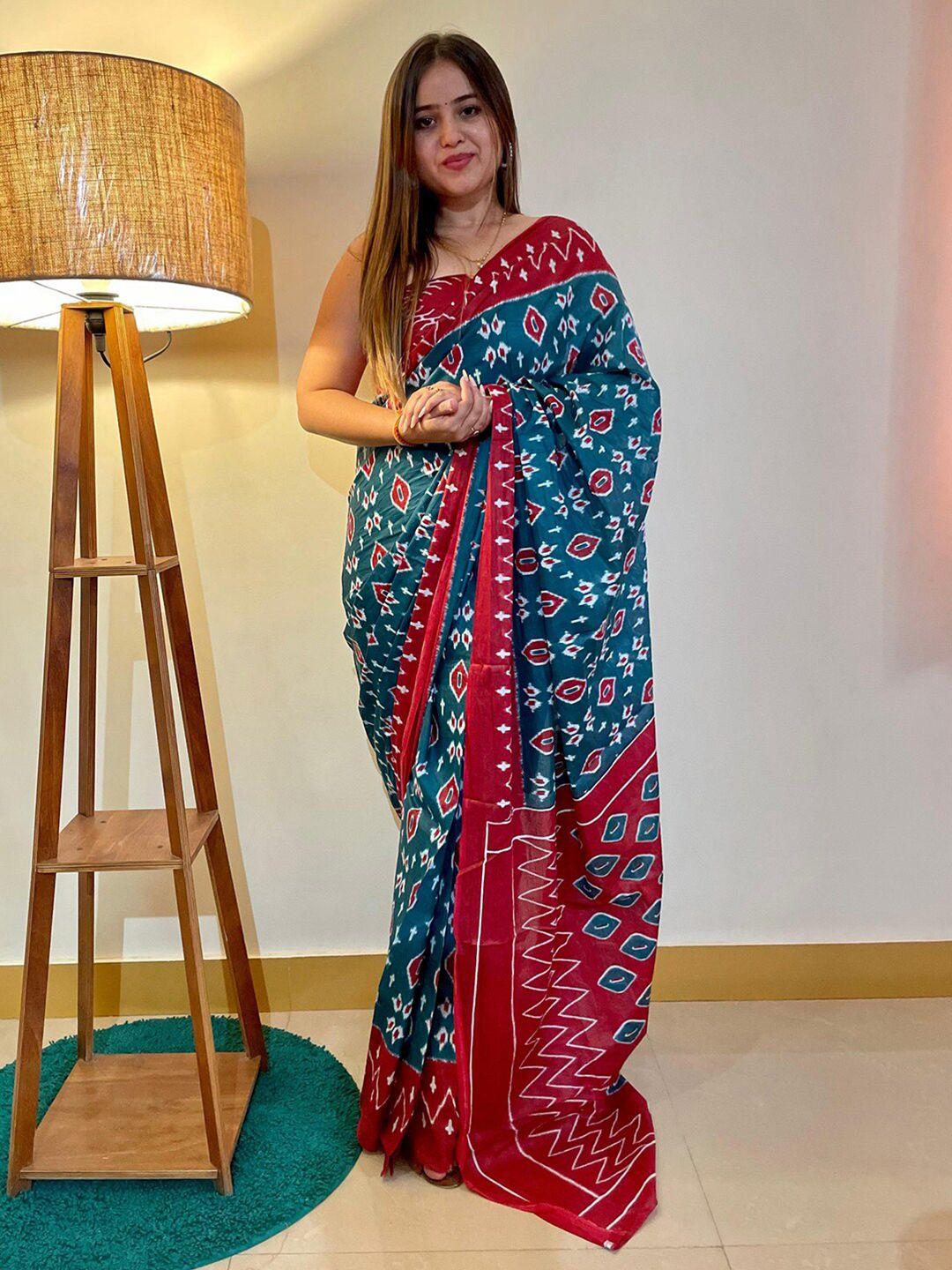 saree mall teal & red ethnic motifs printed pure cotton ikat sarees