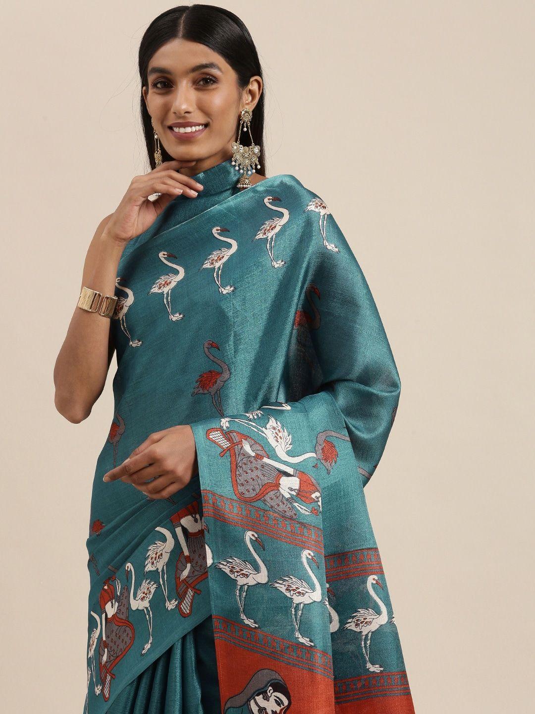 saree mall teal & white ethnic motifs print art silk block print saree