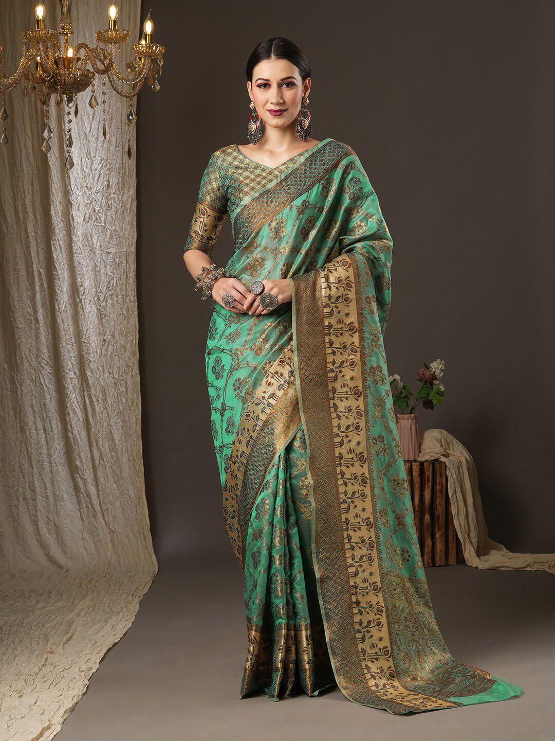 saree mall teal blue & gold-toned woven design zari silk blend banarasi sarees