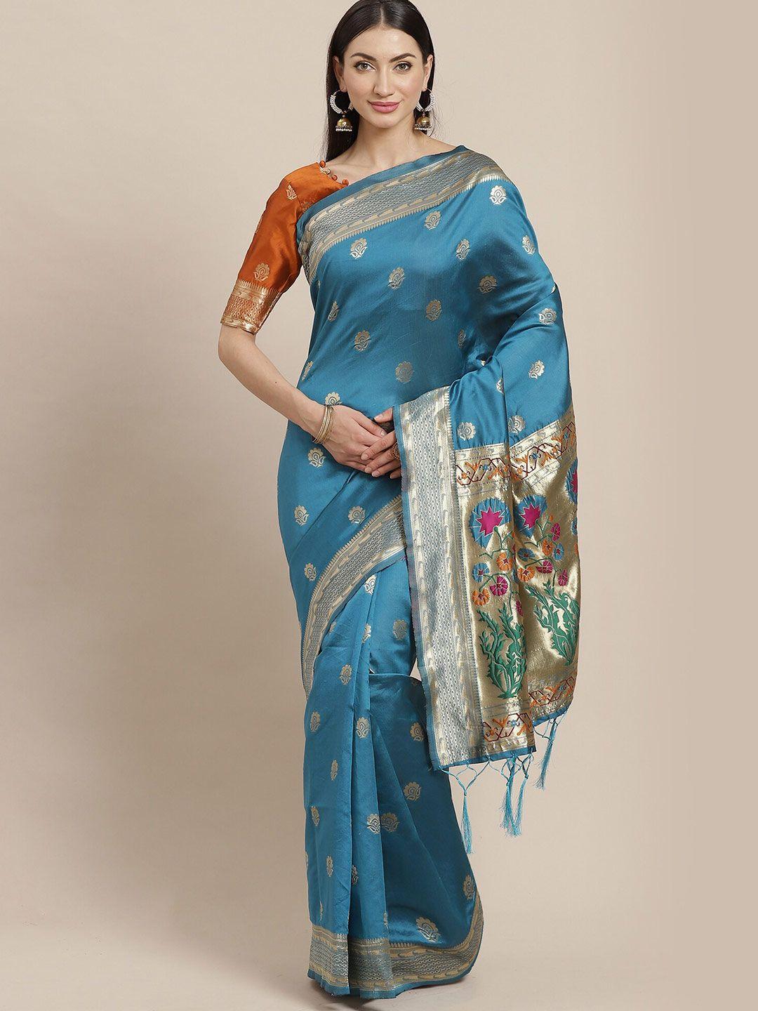 saree mall teal blue & magenta ethnic motifs silk blend banarasi sarees