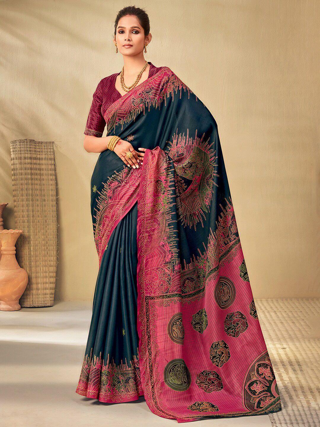 saree mall teal blue & pink floral kantha work sarees