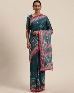 saree mall teal blue casual jute silk printed saree with unstitched blouse