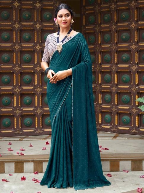 saree mall teal blue embellished saree with unstitched blouse