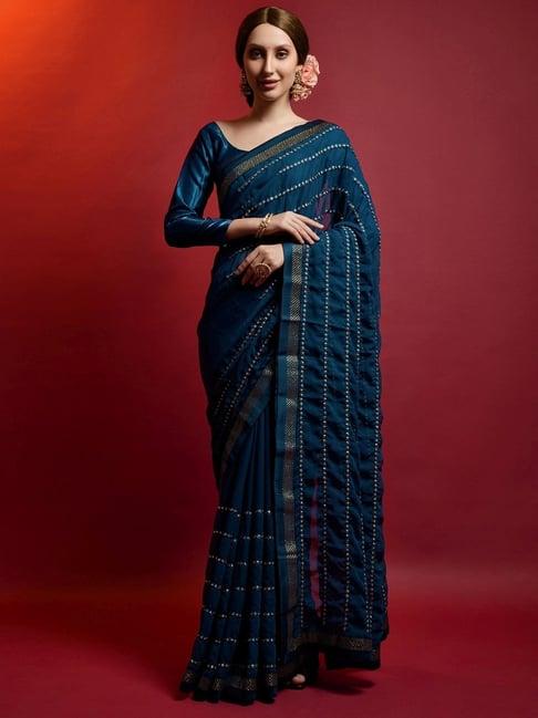saree mall teal blue embellished saree with unstitched blouse