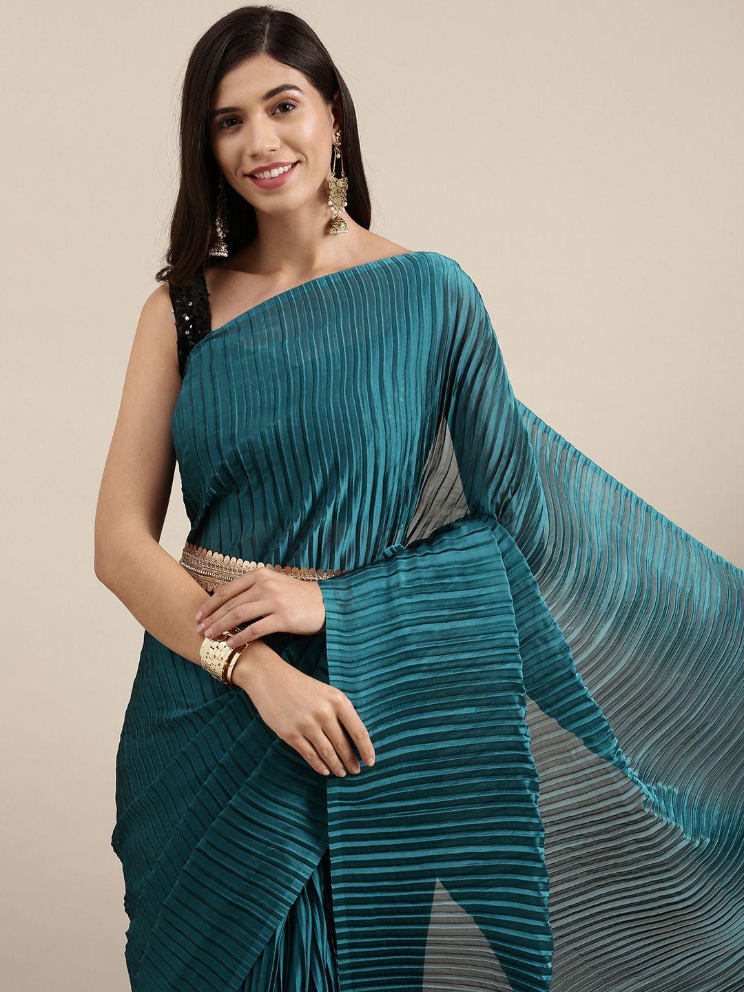 saree mall teal blue solid accordion pleated sarees