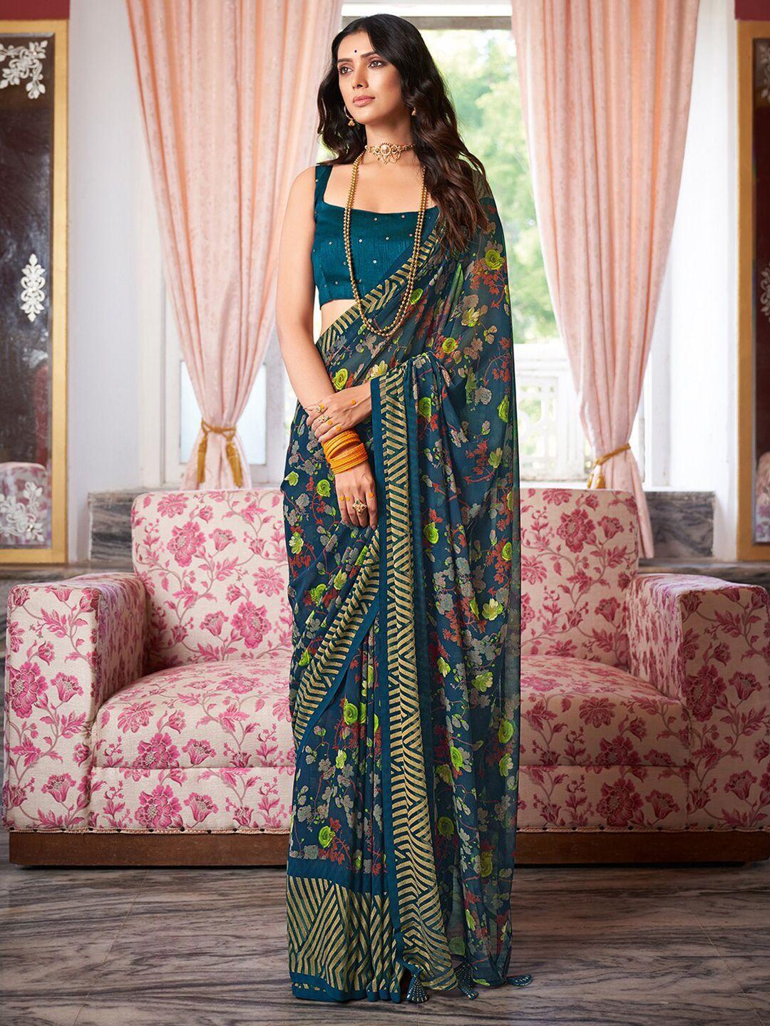 saree mall teal floral pure georgette sarees