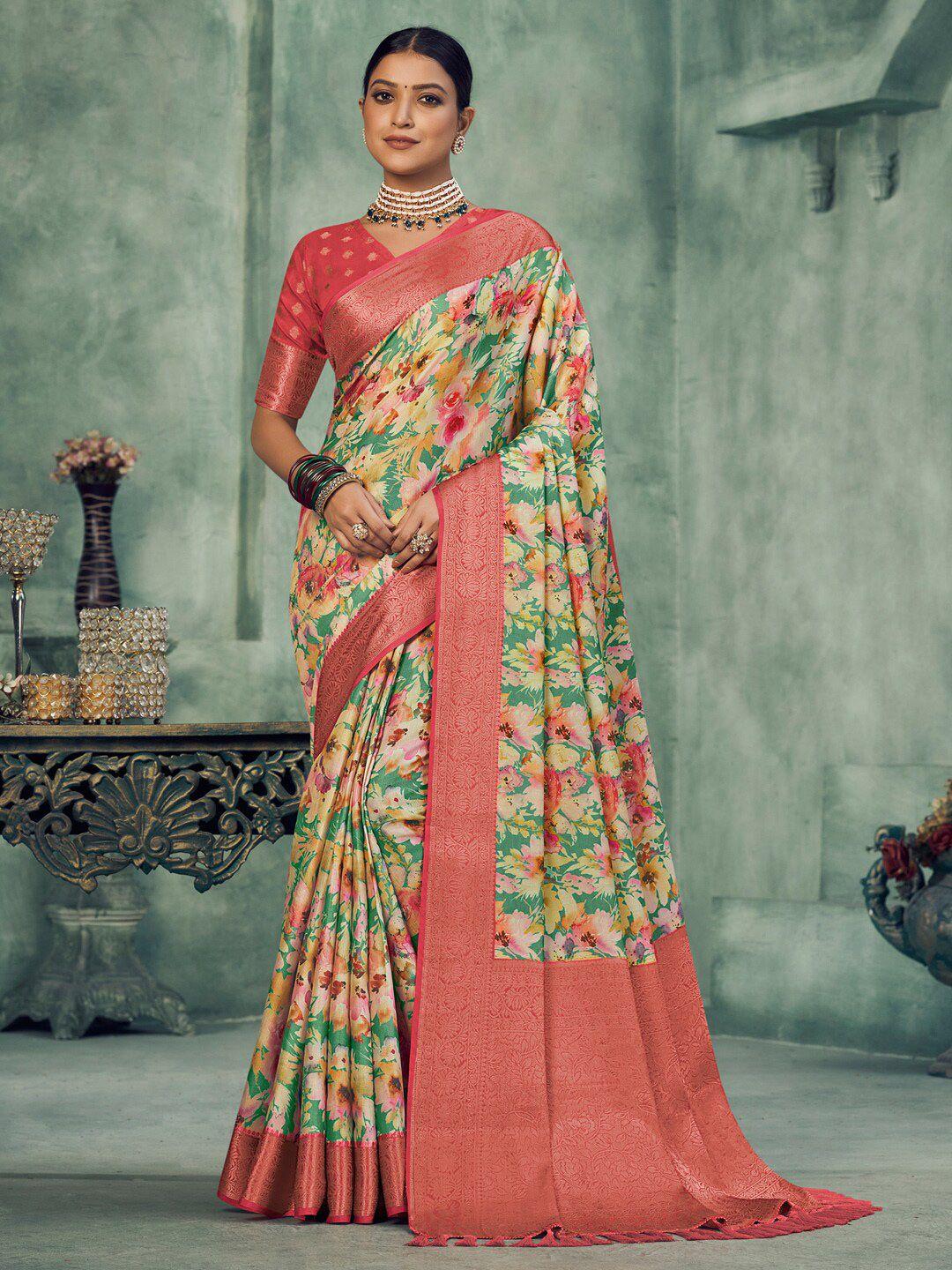 saree mall teal floral zari silk blend sungudi sarees