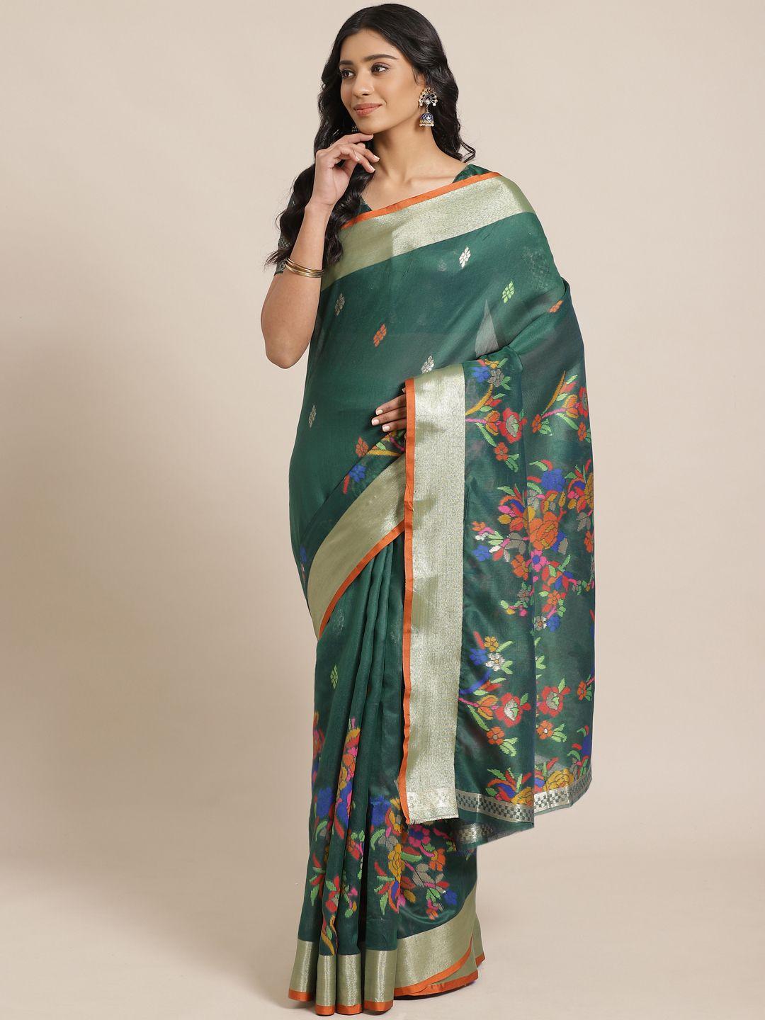 saree mall teal green & orange woven design jamdani saree