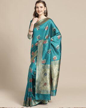 saree mall teal green silk blend woven pattern saree with unstitched blouse