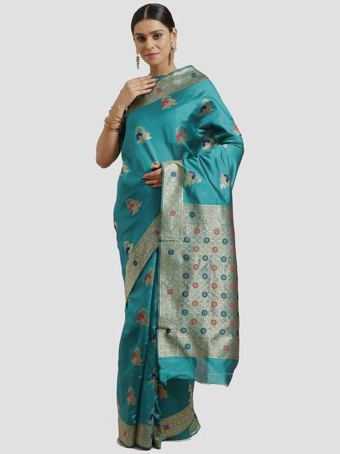 saree mall teal green woven saree with unstitched blouse