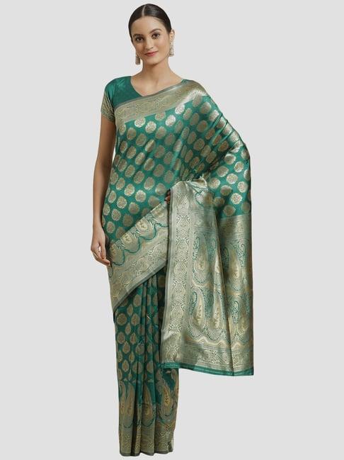 saree mall teal green zari work saree with unstitched blouse