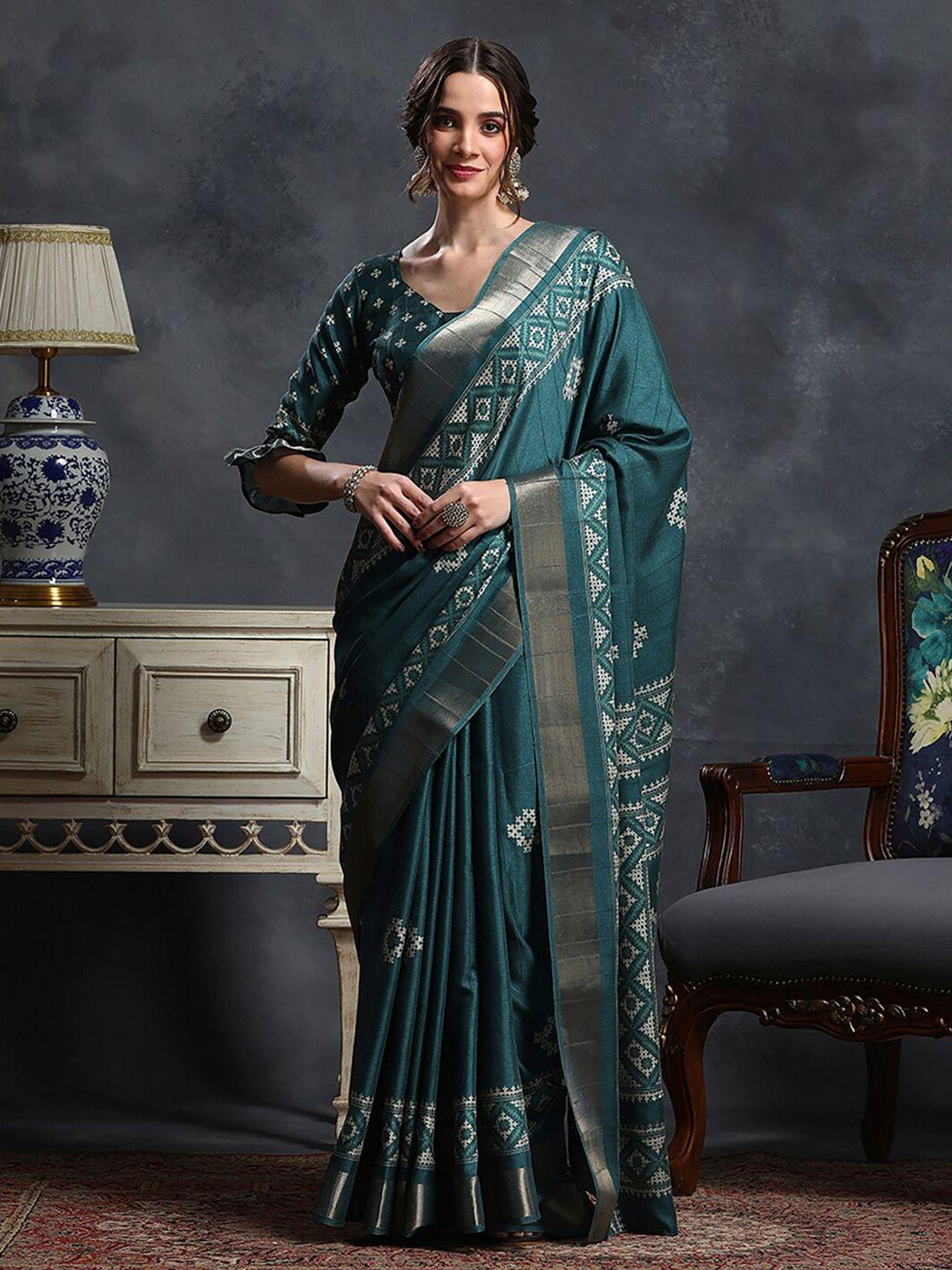 saree mall teal zari silk blend designer sungudi sarees