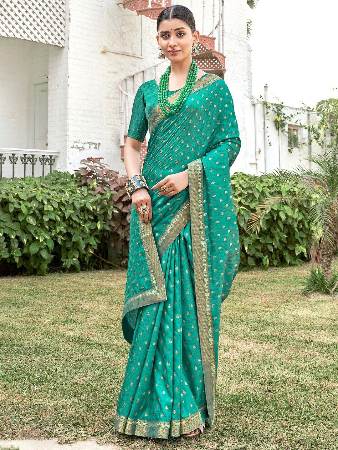 saree mall turquoise blue & gold toned ethnic motifs woven design zari sarees