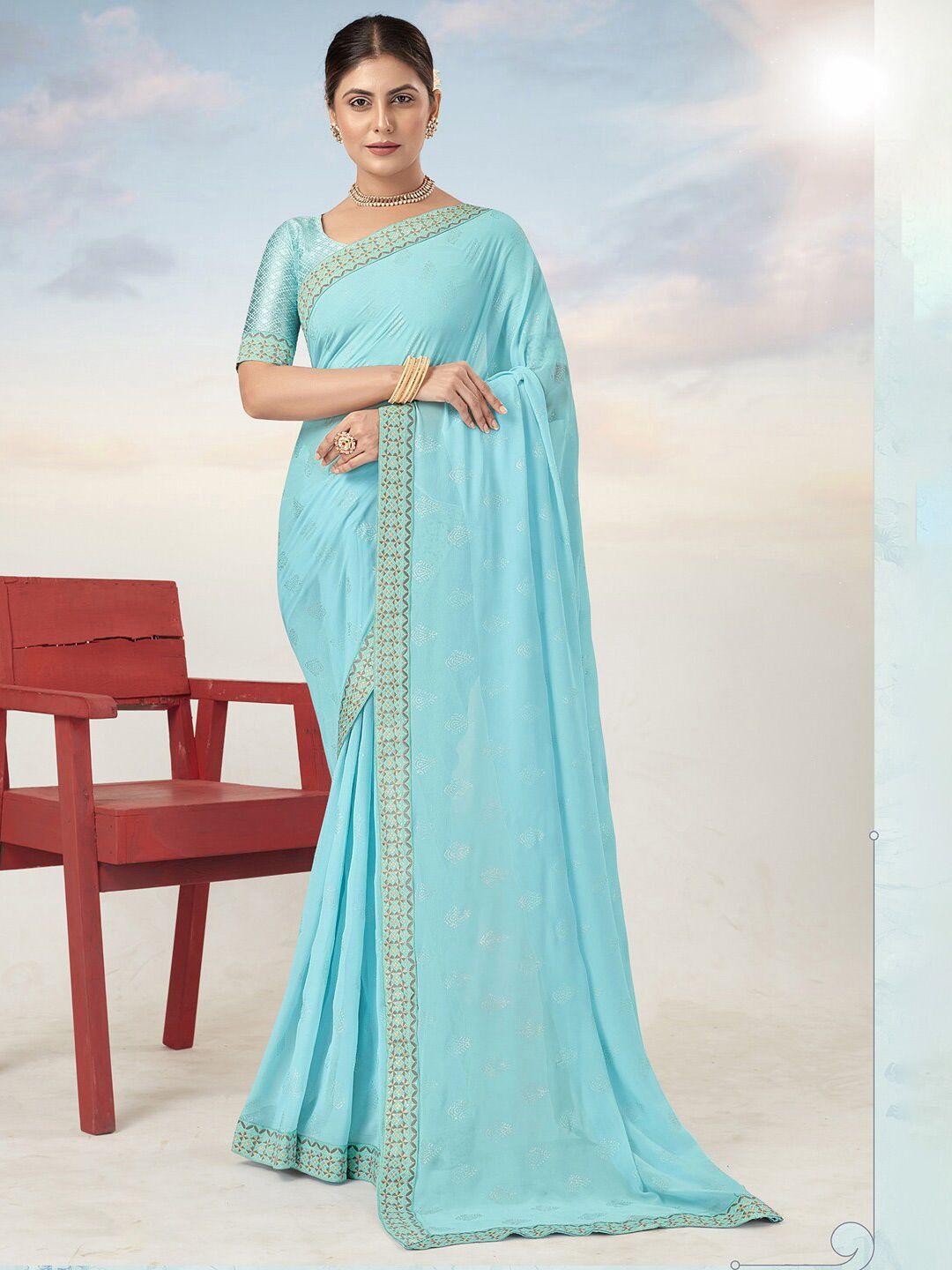 saree mall turquoise blue & grey ethnic motifs printed pure georgette sarees