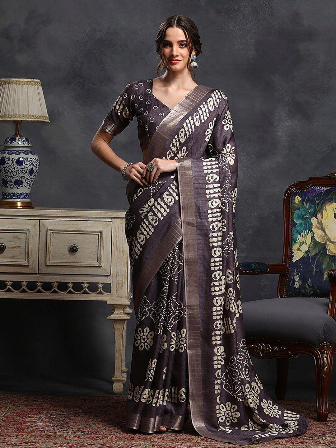 saree mall violet & white ethnic motifs printed zari sungudi saree