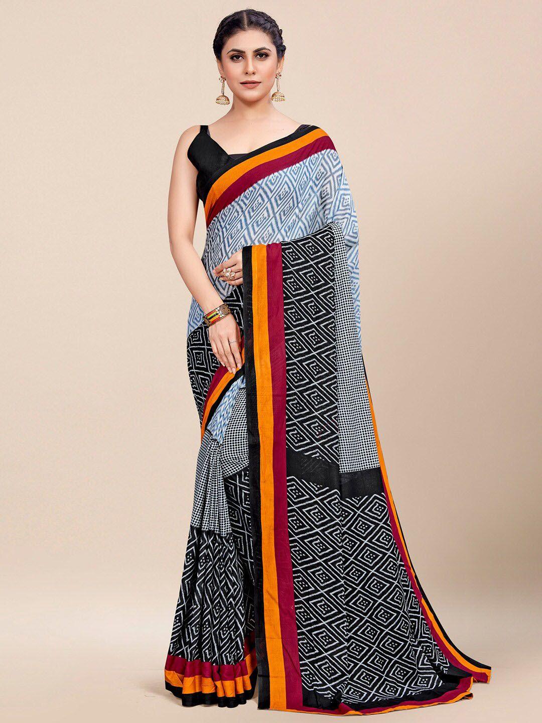 saree mall white & black ethnic motifs pure cotton ikat sarees