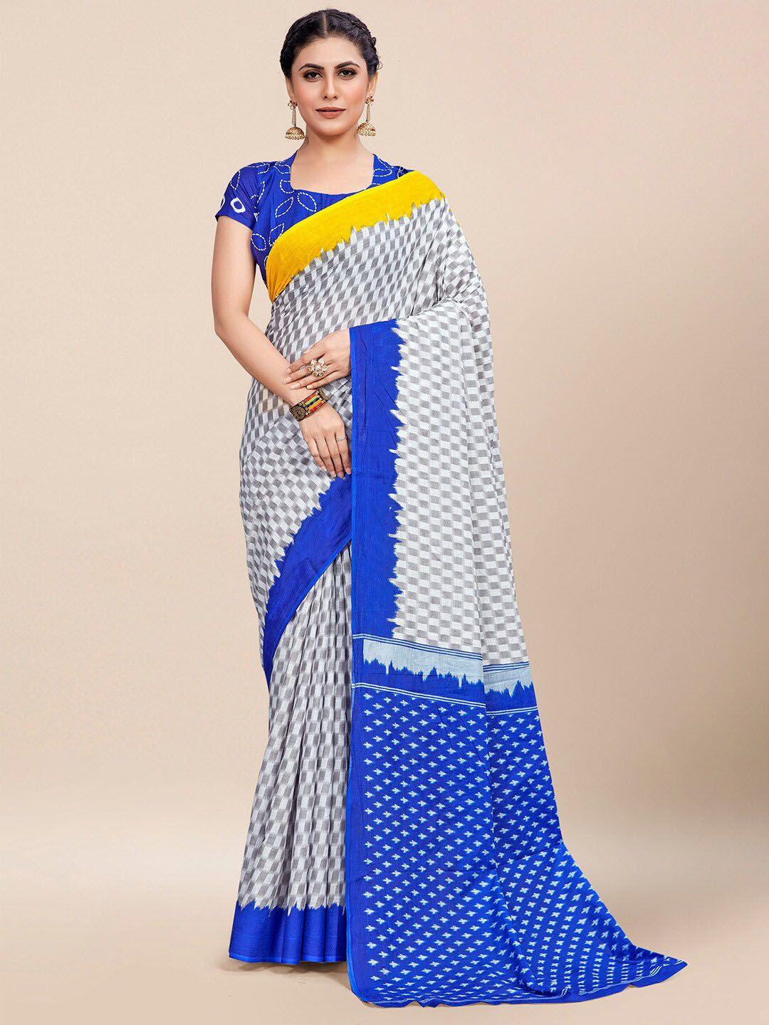 saree mall white & blue pure cotton block print sarees