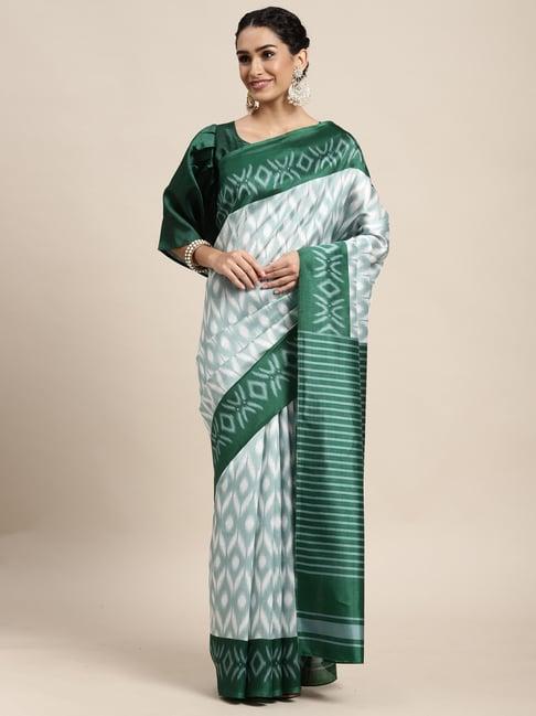 saree mall white & green ikkat print saree with unstitched blouse