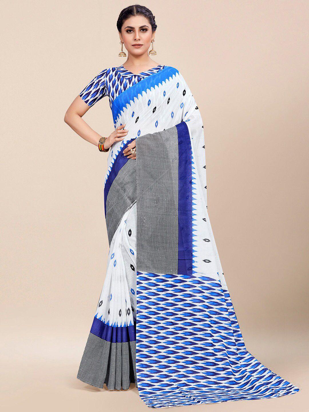 saree mall white & grey ethnic motifs pure cotton ikat sarees