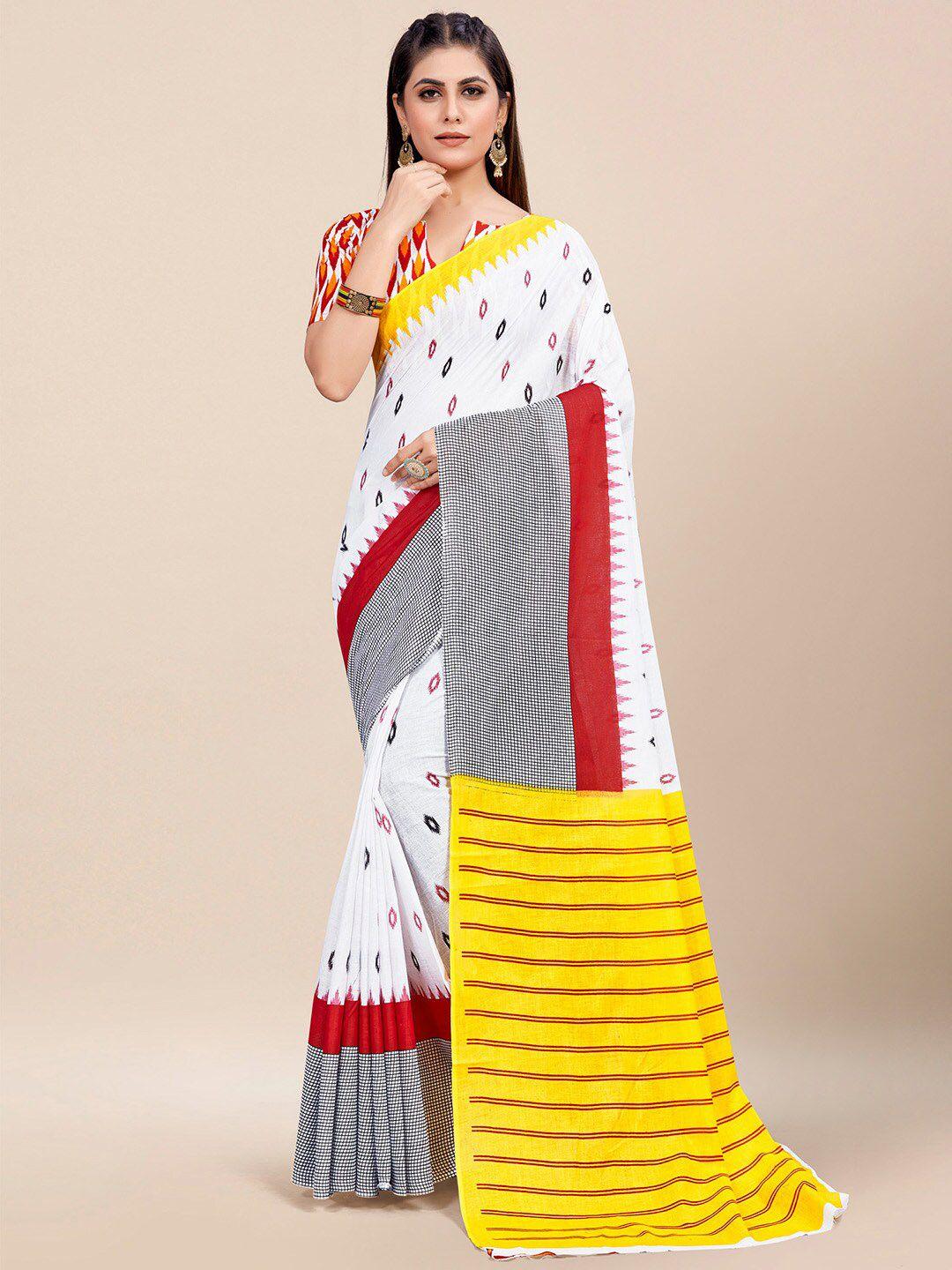 saree mall white & red ethnic motifs pure cotton ikat sarees