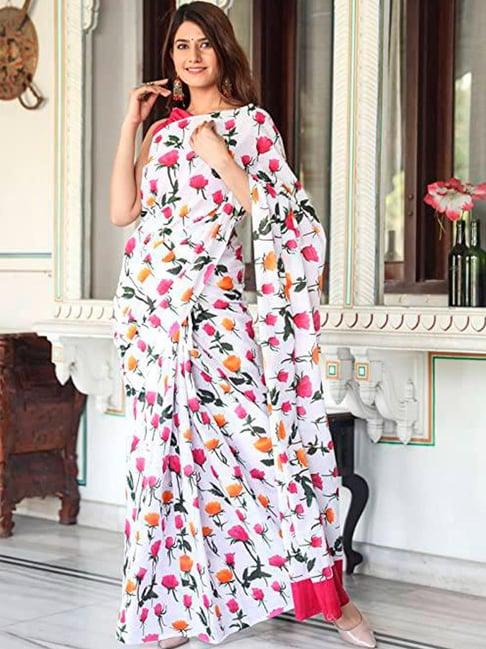 saree mall white cotton floral print saree with unstitched blouse