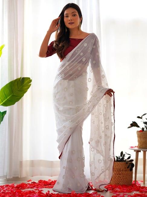 saree mall white embellished saree with unstitched blouse