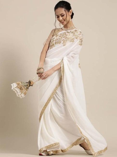 saree mall white embellished saree with unstitched blouse